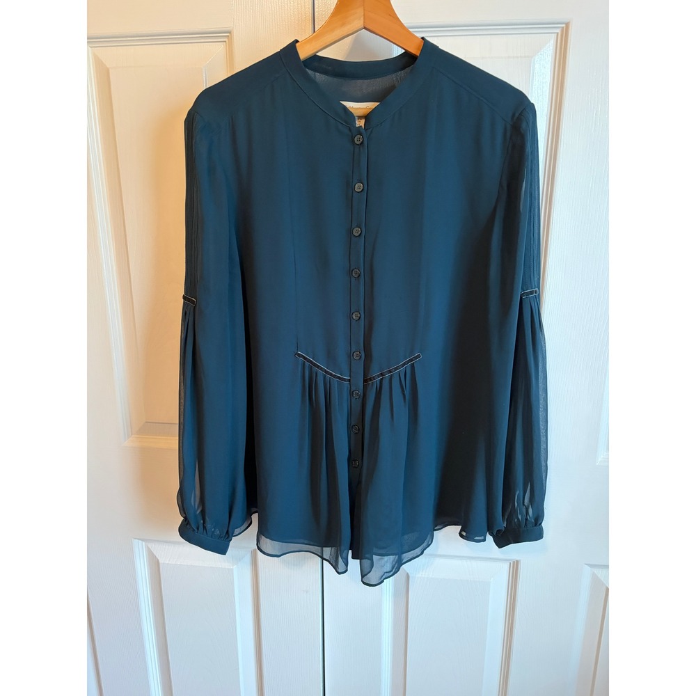 Coldwater Creek Teal Blue Velvet Trim Chiffon Blouse PXL 18 Long Sleeve Pleated